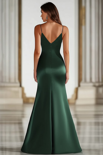 Mörkgröna Spaghetti Straps Mermaid Satin Lång Balklänning